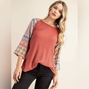 FSL apparel/Women's NWOT Terracotta Patchwork Waffle BoHo Flare Sleeve Top sizeS
